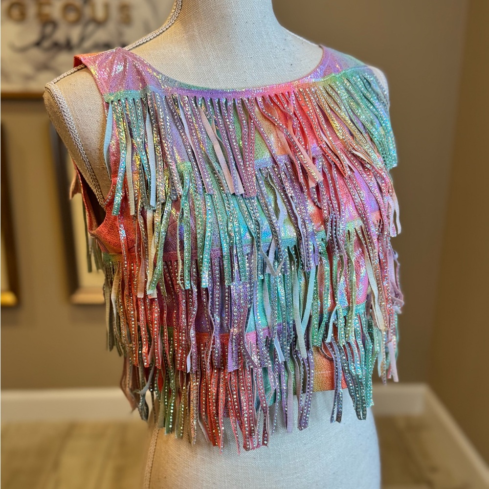 New! QUEEN OF SPARKLES Rainbow Fringe Crop Top